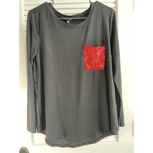aria & clara Black Long Sleeve Shirt with Red Sequined Pocket Women's Sz S NWT